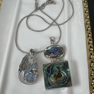 #6 BUNDLE Sterling Silver Abalone Shell Pendant Necklace - Iridescent Green Blue